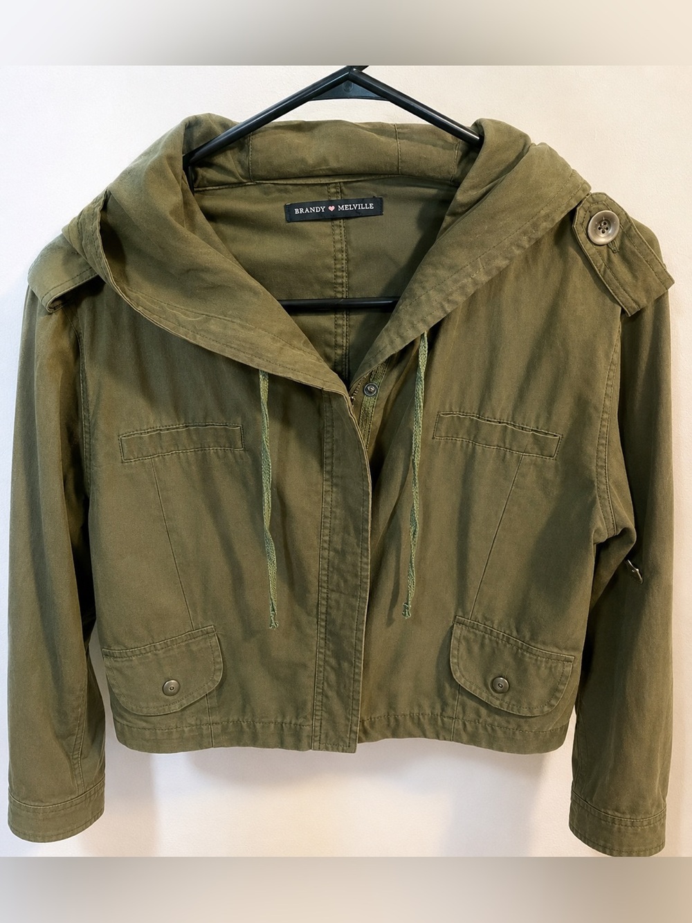 Brandy Melville Olive Hooded Cropped Utility Jacket